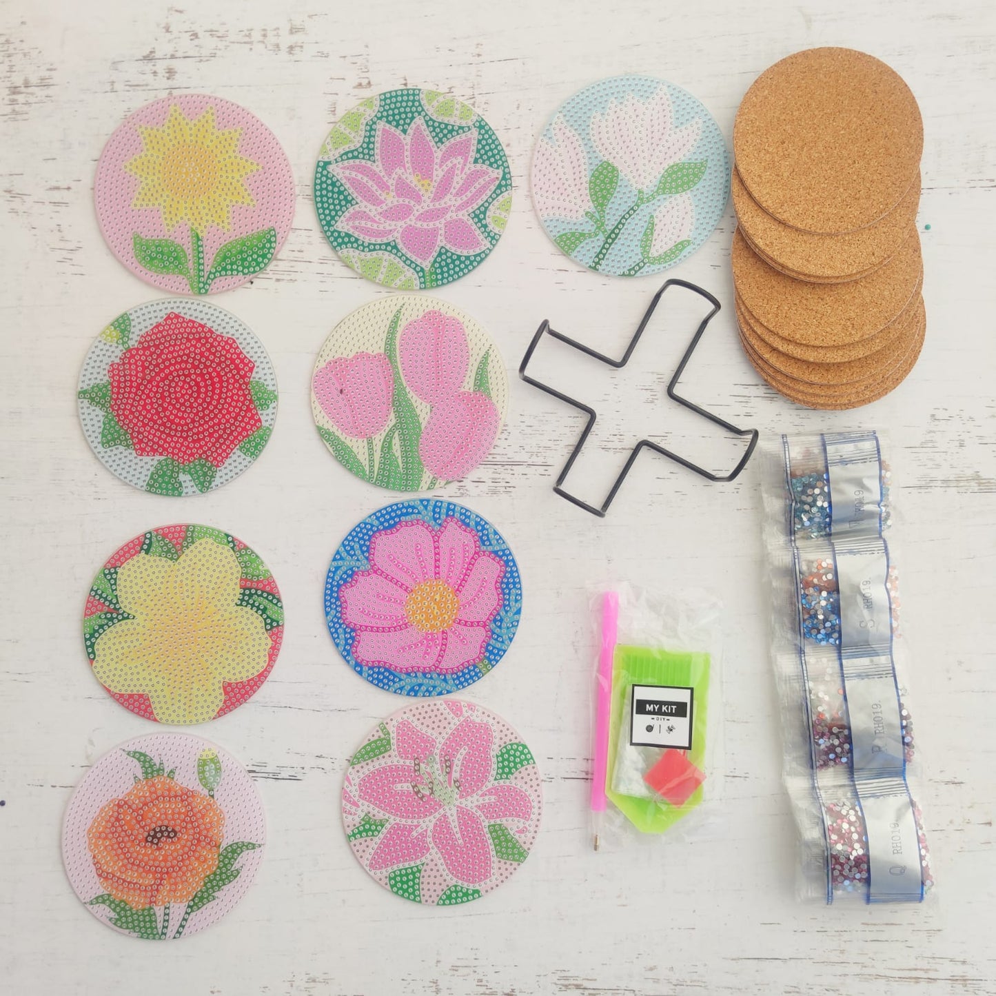 Kit posavasos pinta con diamantes - Flores