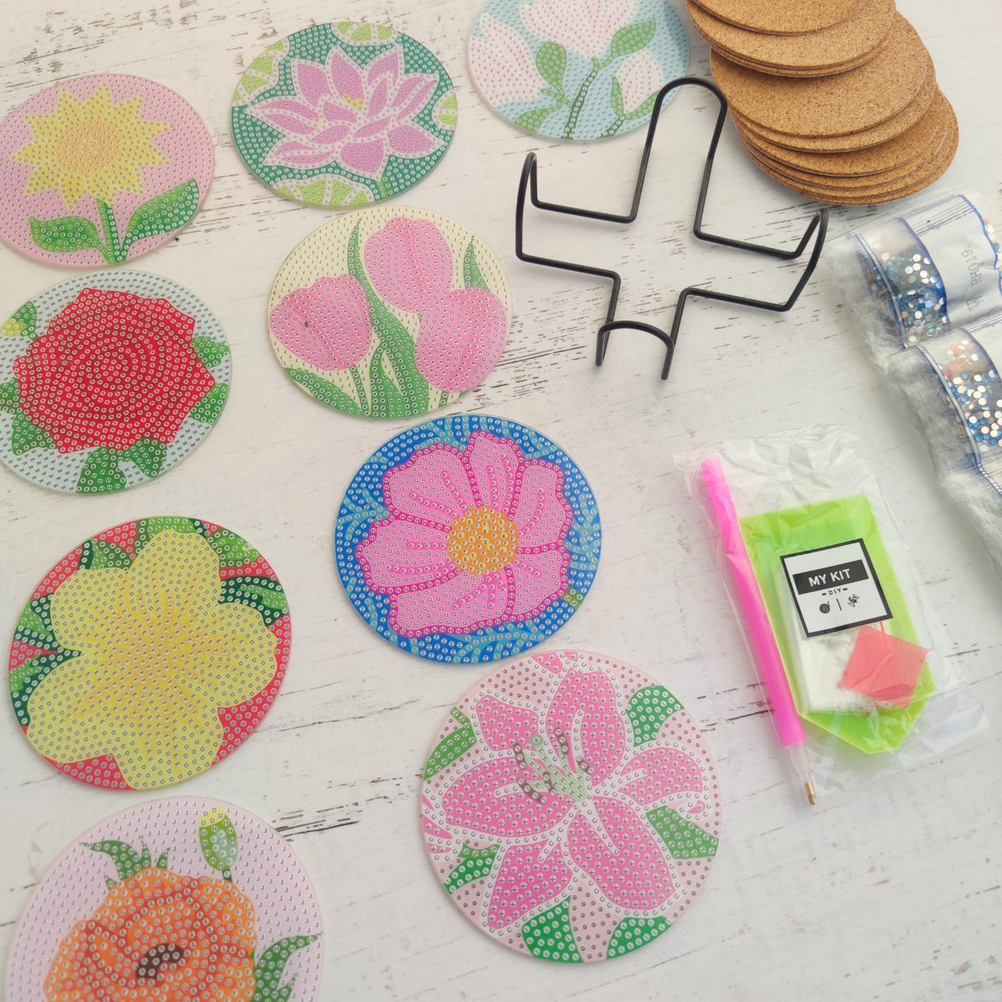 Kit posavasos pinta con diamantes - Flores