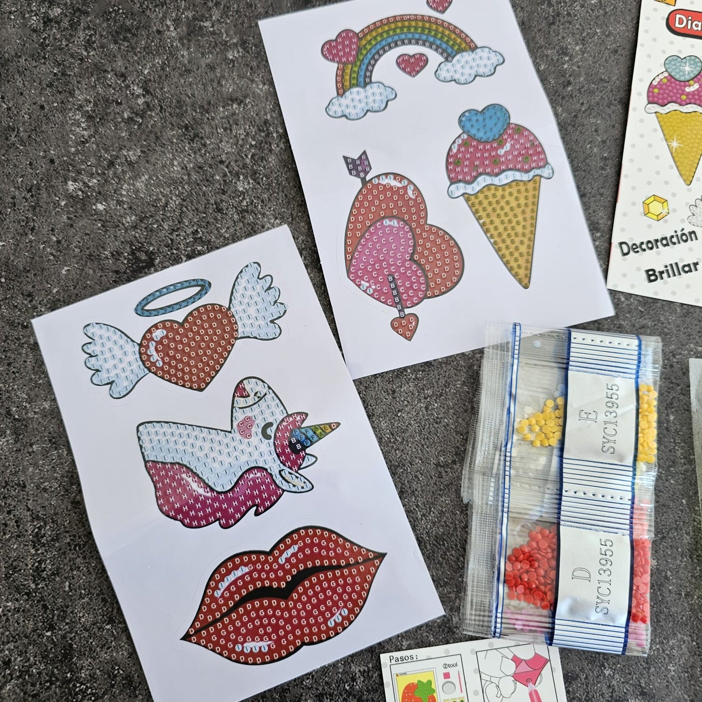 Kit stickers pinta con diamantes - Helados y Unicornio