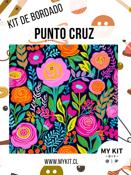 Kit punto cruz - Flores coloridas (40x40cm)-11ct