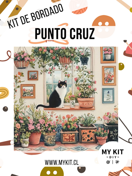 Kit punto cruz - Jardín con gatito