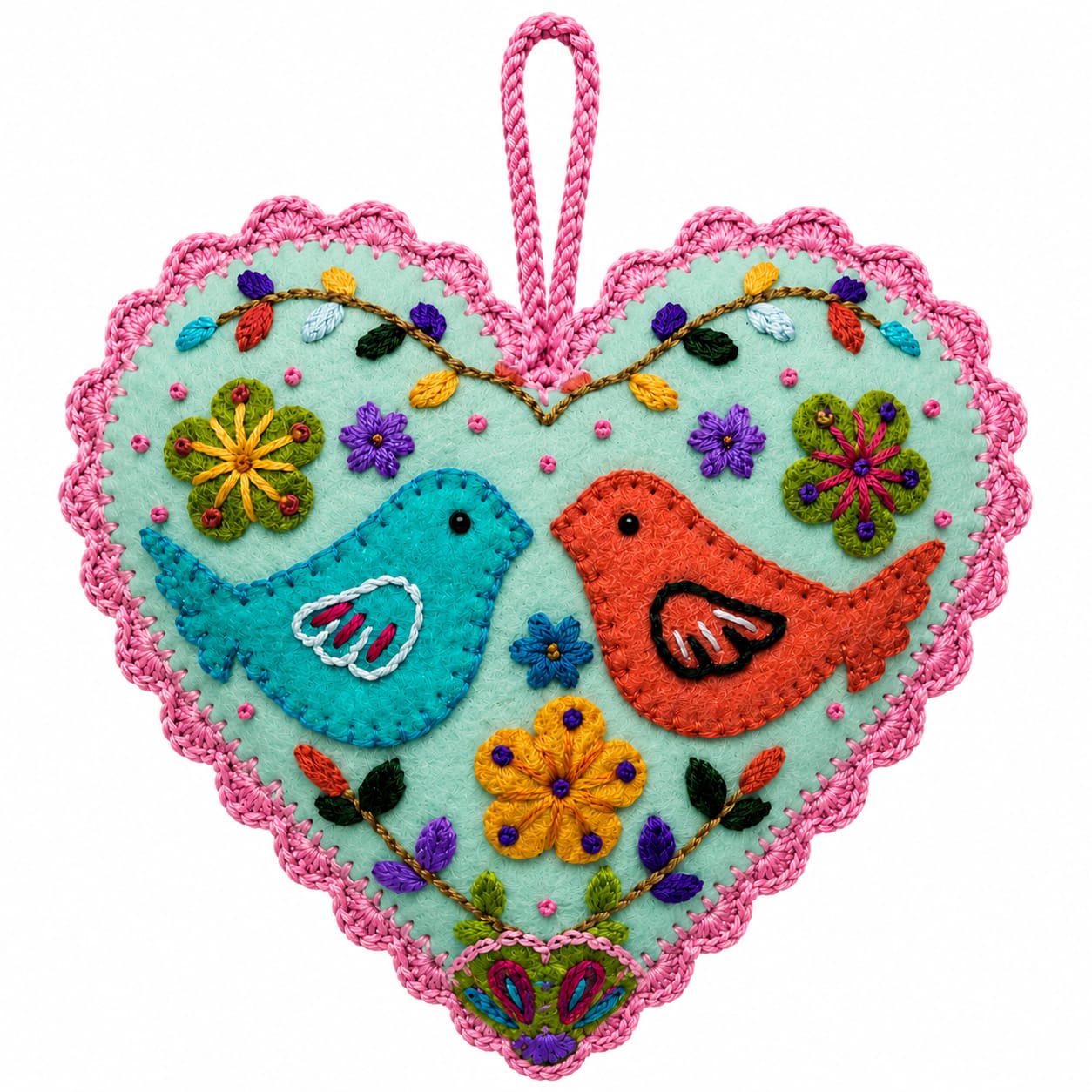 Kit corazón verde agua dos pajaritos bordado Ayacuchano