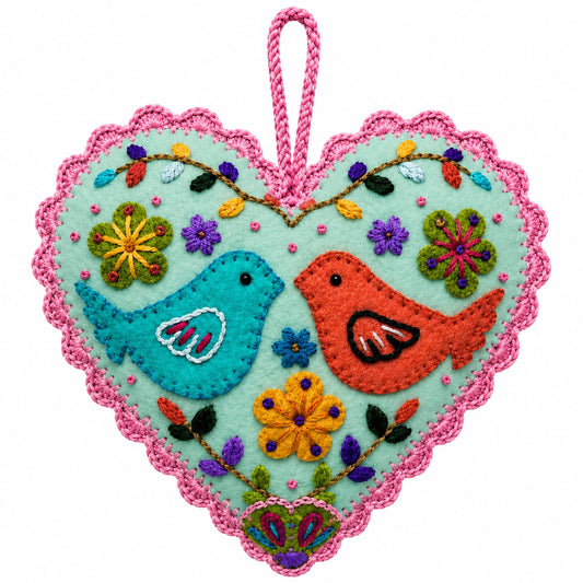 Kit corazón verde agua dos pajaritos bordado Ayacuchano