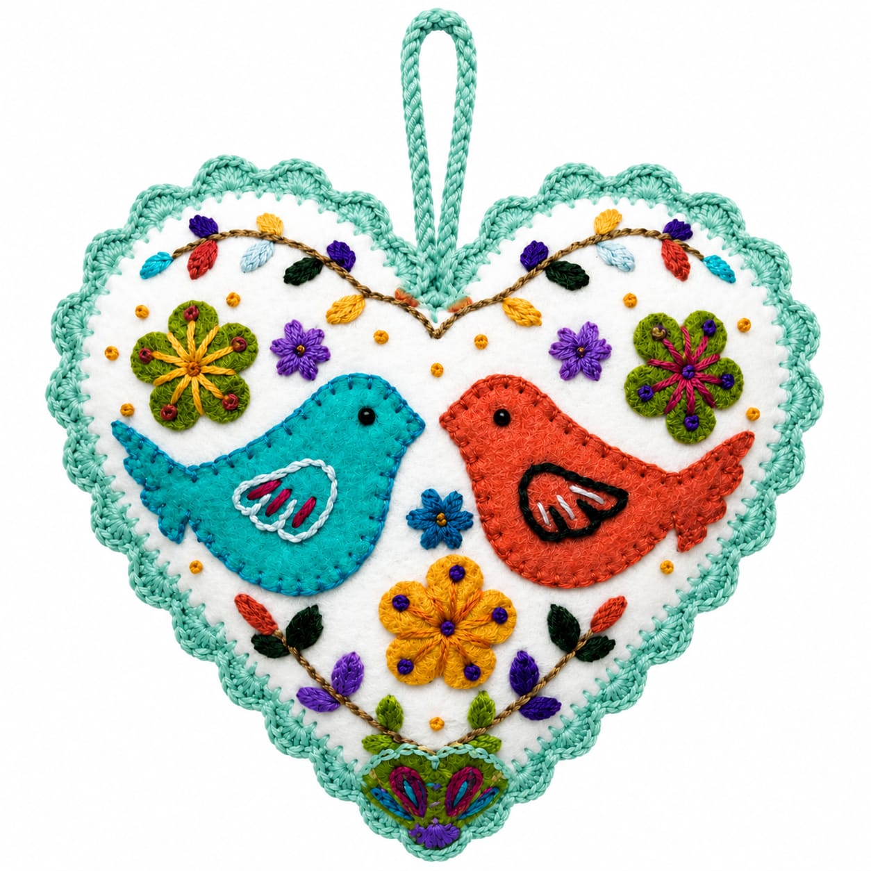 Kit corazón blanco dos pajaritos bordado Ayacuchano