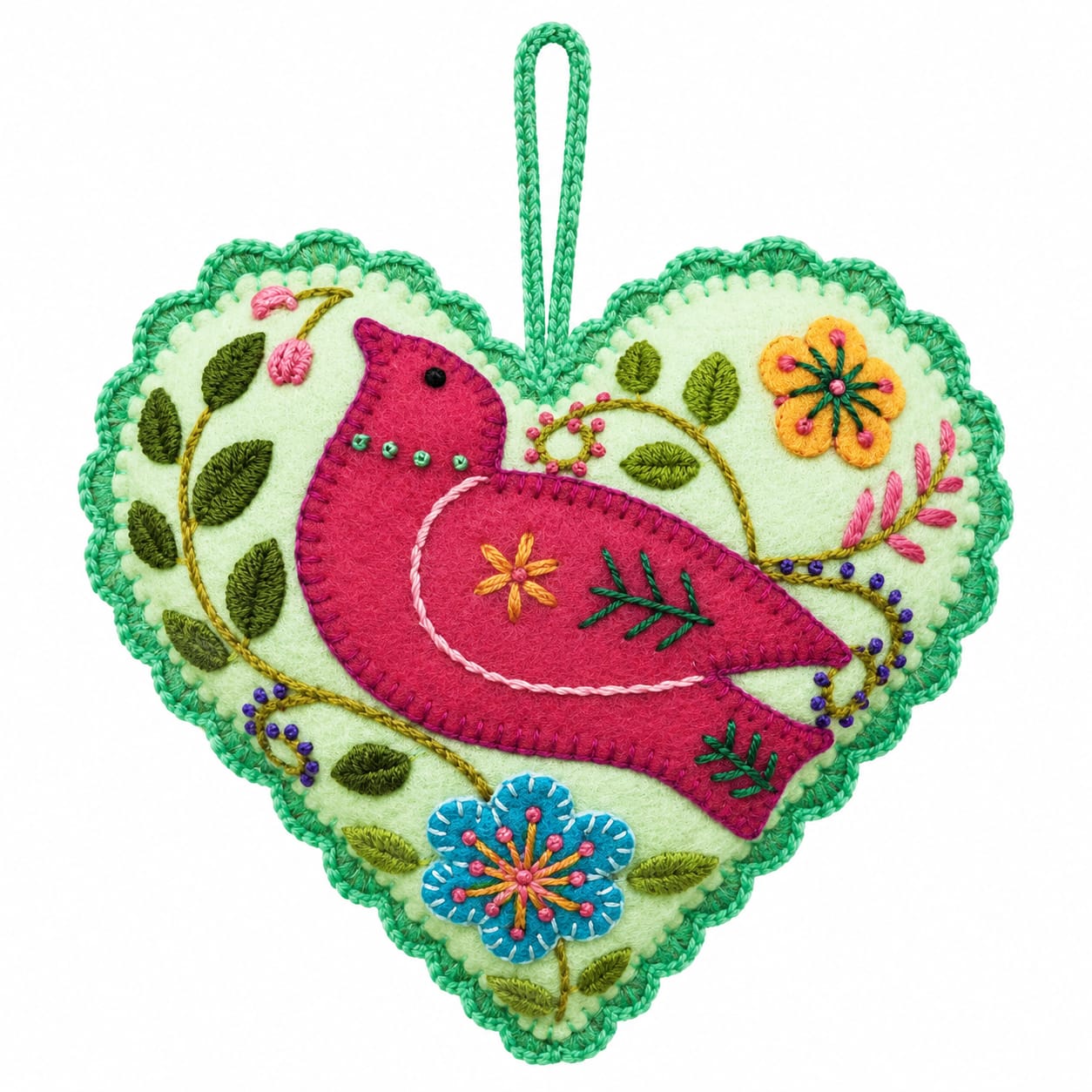 Kit corazón verde agua un pájaro bordado Ayacuchano