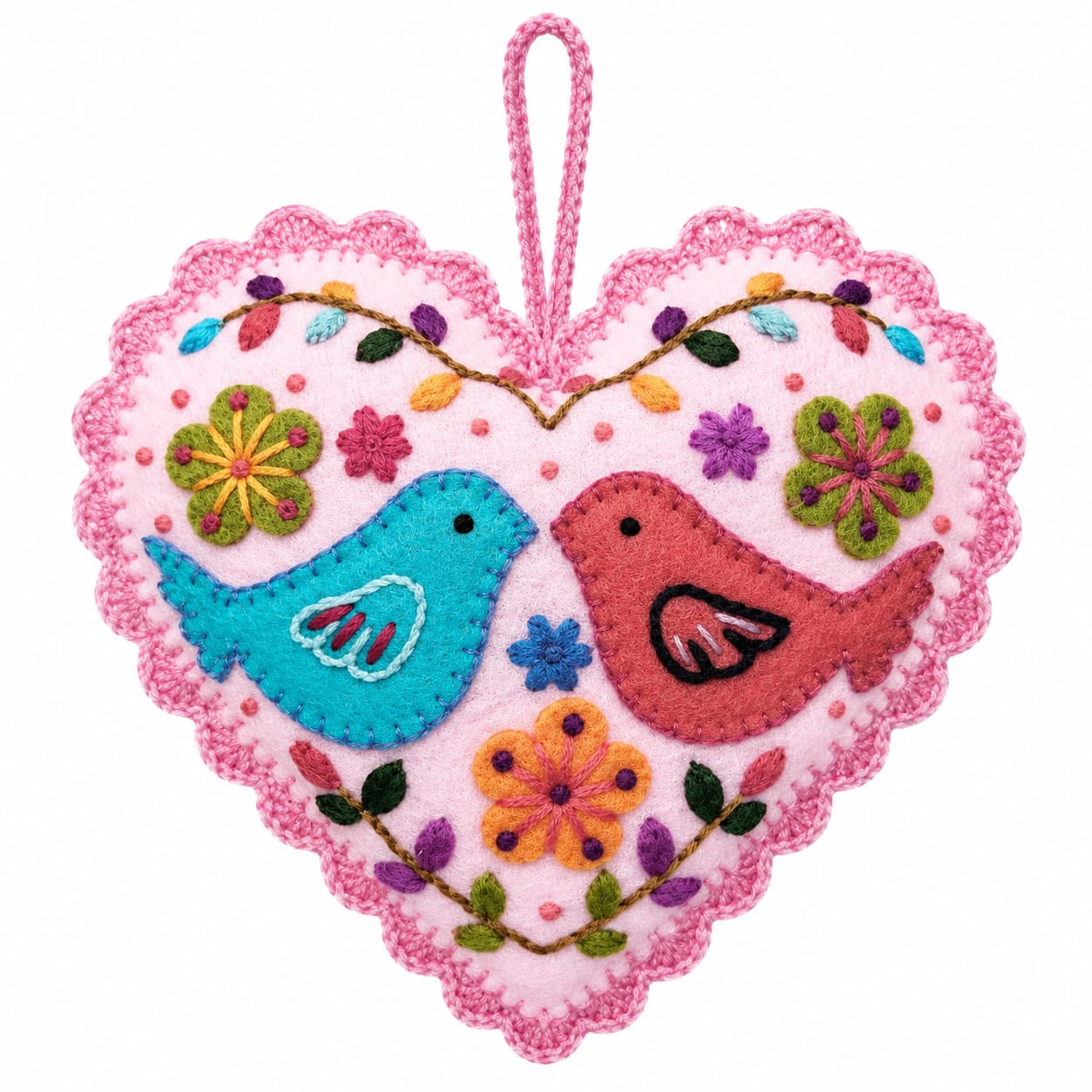 Kit corazón rosado dos pajaritos bordado Ayacuchano