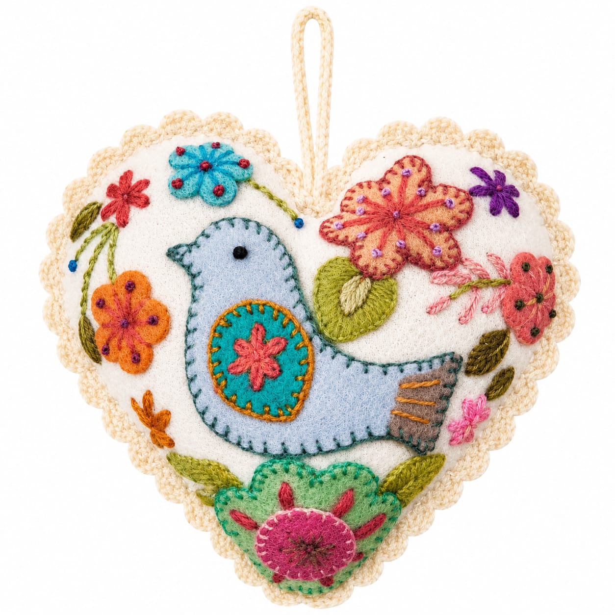 Kit corazón blanco un pajarito bordado Ayacuchano