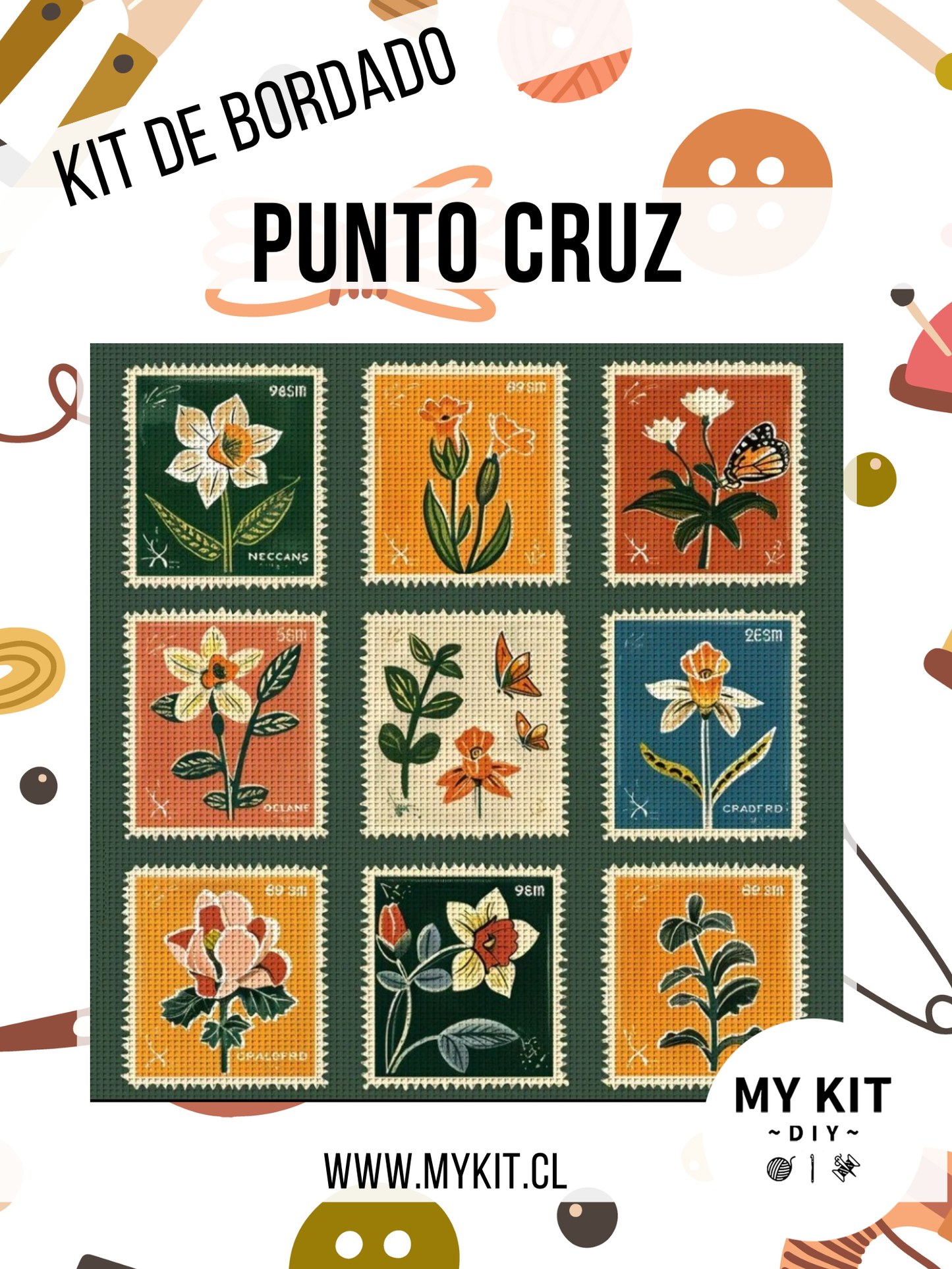 Kit punto cruz - Estampillas con flores (40x40cm)-11ct