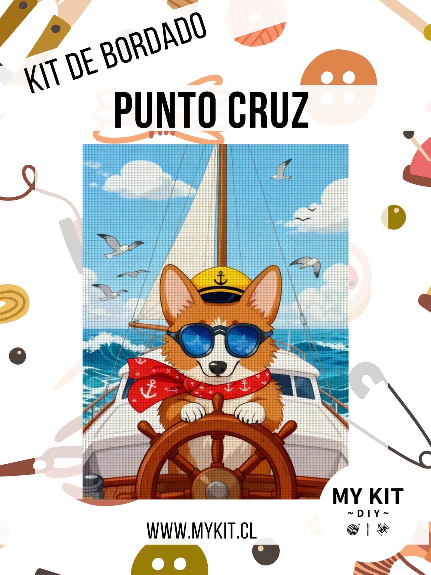 Kit punto cruz - Barco con Corgi (30x40cm)-14ct