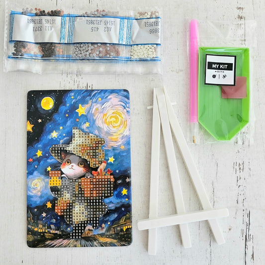 Kit pinta con diamantes 10x15 cm con atril - Gato mágico
