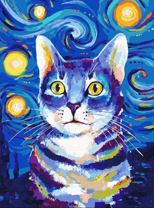 Kit pinta con diamantes 30 x 40 cm - Gato en una noche estrellada