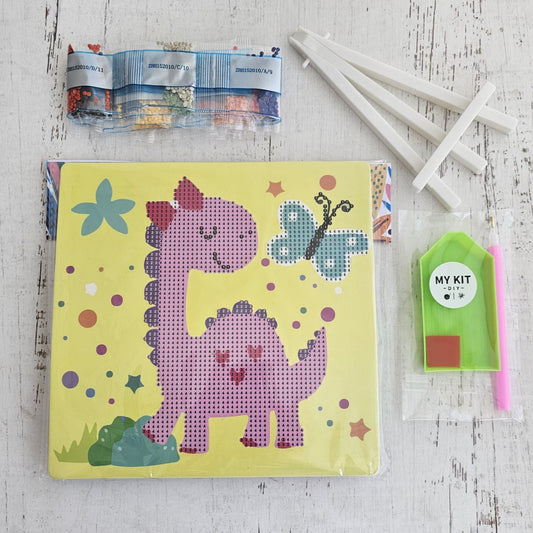 Kit pinta con diamantes 20x20 cm con atril - Dinosaurio